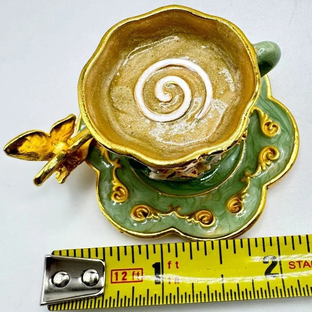 Ornate Tea Cup Jewelry Box Gold Rhinestone Embellishments Butterfly Green